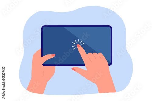 Female hand holding tablet and tapping screen. Person touching mobile device with finger flat vector illustration. Technology, internet concept for banner, website design or landing web page