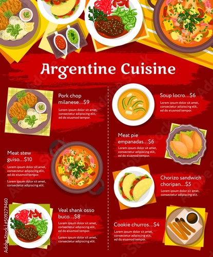 Argentine cuisine menu vector template. Pork chop Milanese, veal shank Osso Buco and Cookie churros, meat stew Guiso, meat pie Empanadas and soup Locro, Chorizo sandwich Choripan