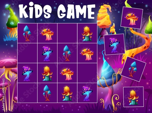 Sudoku kids game magic mushrooms in fairy forest. Vector boardgame riddle with cartoon fungi plants on chequered board. Educational task, children crossword teaser for sparetime, leisure recreation