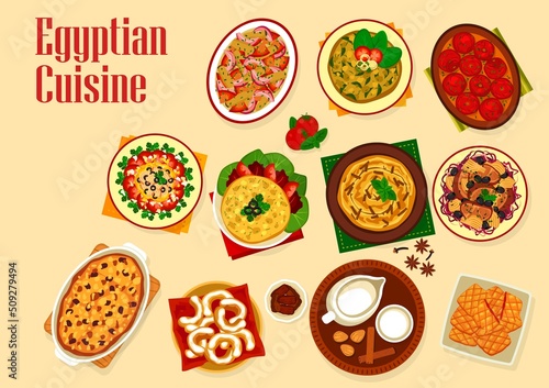 Egyptian cuisine vector dishes of Arabian food with meat, vegetable, fish and desserts. Anchovy and spinach omelettes, pepper tuna salad, fruit cake, date cookies and almond milk, stuffed eggplant