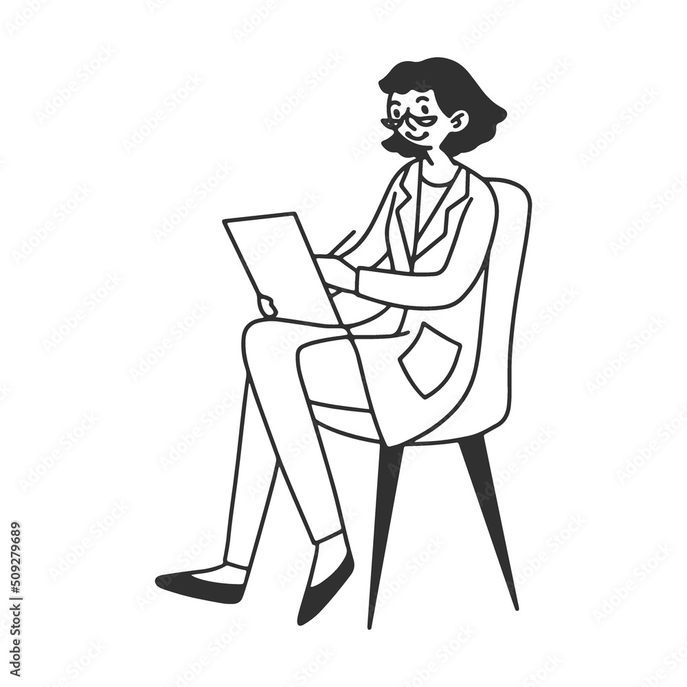 Linear hand drawing consulting psychologist. Patient resting in couch and speaking, psychiatrist writing notes. Vector illustration psychological help concept Linear hand drawing consulting psychologist. Patient resting in couch and speaking, psychiatrist writing notes. Vector illustration psychological help concept