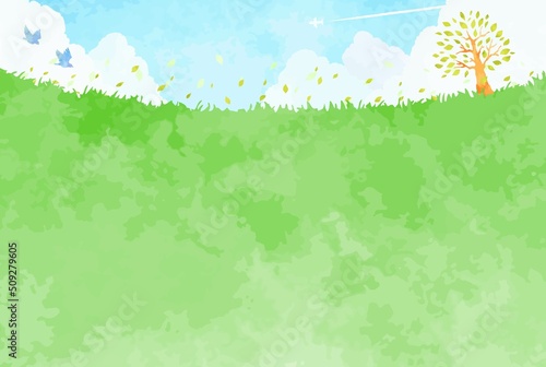 綺麗な青空と草原と樹木の風景イラスト