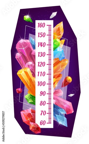 Gems and hard lustrous or translucent crystals on kids height chart, vector growth measure meter. Baby height chart or tall ruler scale with gems and gemstone jewels, rhinestone sapphires and emeralds photo