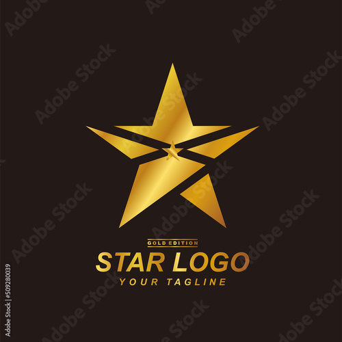 Gold star logo in elegant concept with black background. 