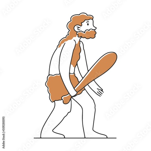 Ancient man with wooden club flat vector illustration. Humankind progress from caveman as ancestor. Human evolution theory Anthropology concept