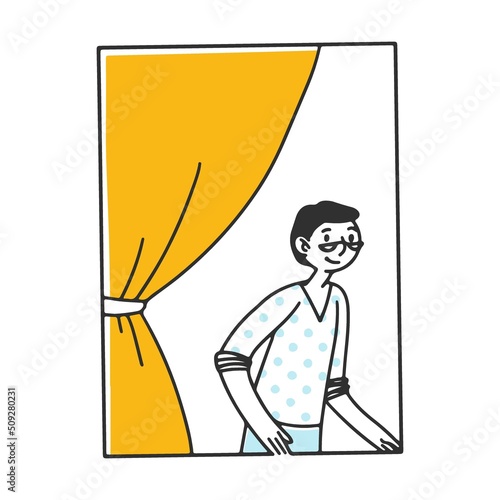 Open window with man inside apartments. Exterior of building with neighbors, friends talking, reading book. Vector illustration