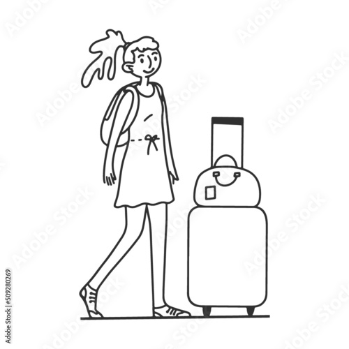Girl with suitcase on wheels. Line of tourists at airport check in counter. Queue of passengers waiting for registration to their flight. Vector illustration for tourism, trip