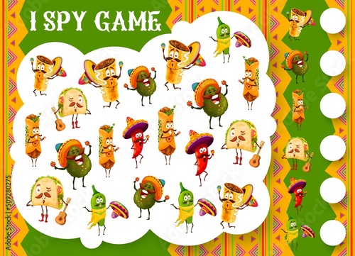I spy game, mexican food and musician characters. Vector educational puzzle for kids with tex mex tacos, avocado, chili or jalapeno pepper and burrito, enchilada personages . Cartoon riddle worksheet
