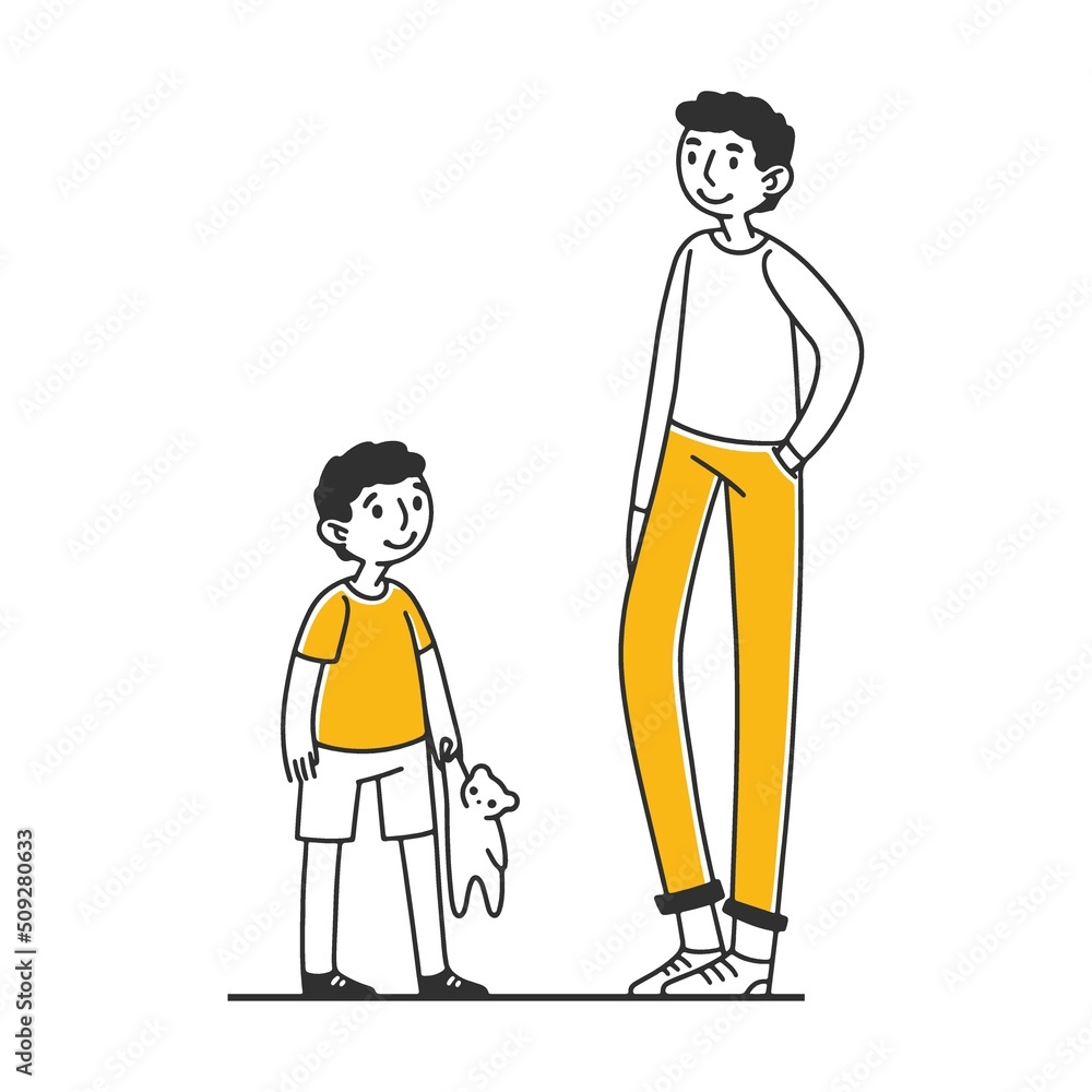 Elder and younger brothers.. Man in different ages. Male character in ages of infant, child, teenager, adult, old person with cane. Vector illustration Elder and younger brothers.. Man in different ages. Male character in ages of infant, child, teenager, adult, old person with cane. Vector illustration