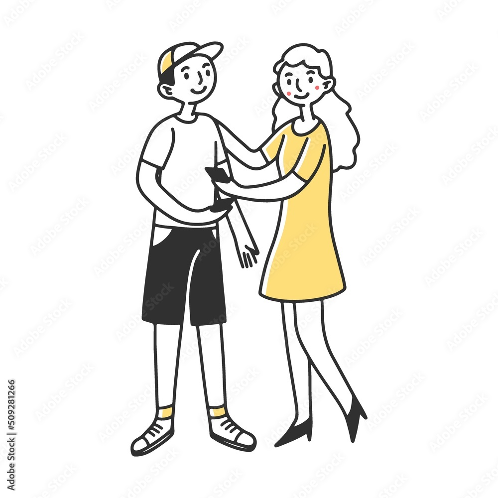 Guy and the girl exchange messages. Blogger advising product online to audience vector illustration. Person promoting services in social media to potential buyers Guy and the girl exchange messages. Blogger advising product online to audience vector illustration. Person promoting services in social media to potential buyers