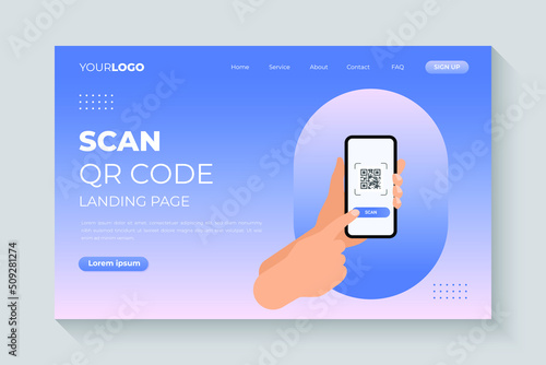 Hand pointing to scan qr code on smartphone screen. Illustration for landing page