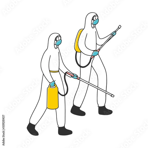 Public places disinfection. Men wearing protective suits spraying sanitizing chemicals and killing virus. Vector illustration for 2019-ncov