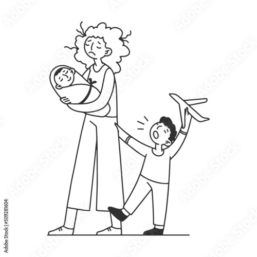 Linear hand drawing. Tired mother with many children flat vector illustration. Father and mother exhausted under life routine. Kids playing up. Big family and lifestyle