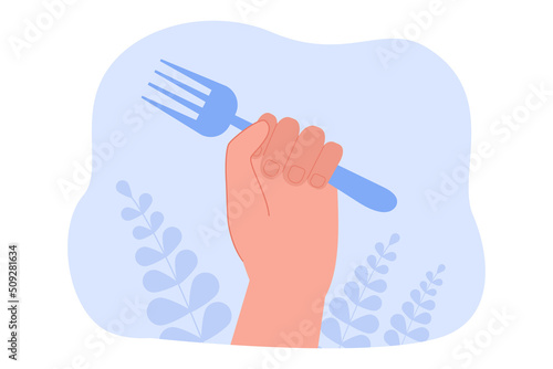 Fork in human hand flat vector illustration. Person getting ready to eat dinner or enjoy meal. Food, cutlery, kitchen utensils, silverware concept for banner, website design or landing web page