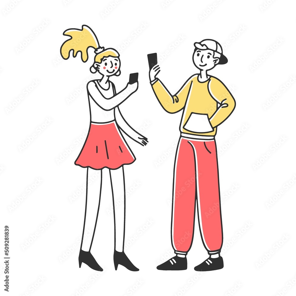 Young people using digital devices. Mobile phone users enjoying 5G high speed wireless internet connection. Vector illustration for interaction