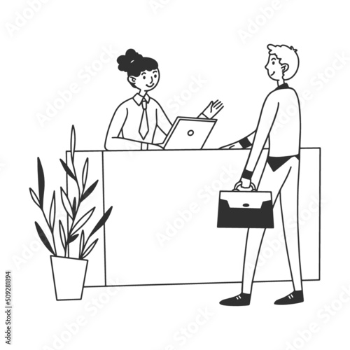 Linear hand drawing. Manager providing services to customer vector illustration. Office reception worker giving advice to client. Bank worker consulting man. Banking