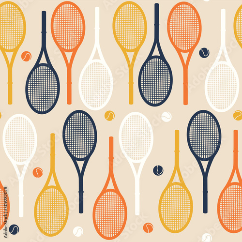 Colorful sporty vector seamless pattern. Tennis accessories illustration. Flat style digital design element. Simple vector background with balls and rackets