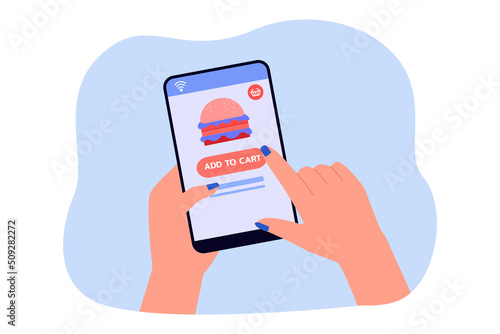 Phone with food ordering app on screen flat vector illustration. Person ordering fast food online, using smartphone application. Food delivery concept for banner, website design or landing web page