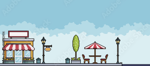Pixel art store in park square with tree, poles and table Urban landscape. Cityscape background for 8bit game
