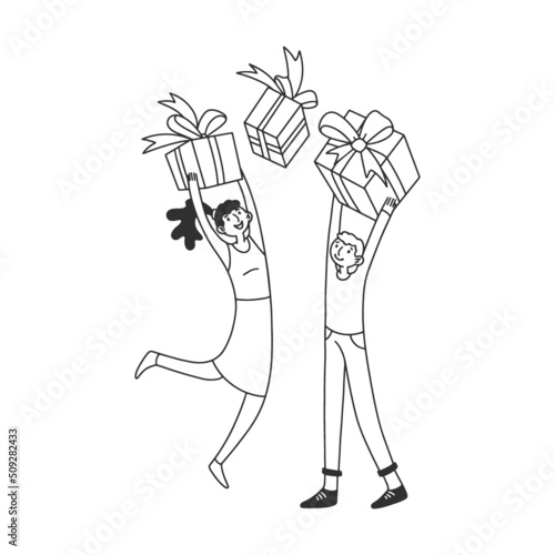 Linear hand drawing. Loyal store customers getting reward. Young people celebrating, holding gifts. Vector illustration for retail, loyalty program, promotion