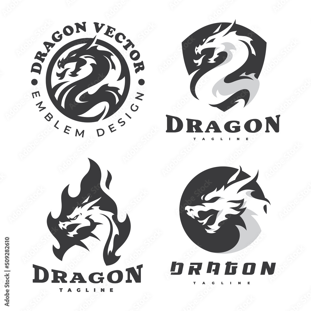 Dragon emblem logo set. Dragon head, circle, shield and fire or flame