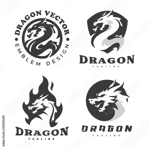 Dragon emblem logo set. Dragon head, circle, shield and fire or flame vector icon collection