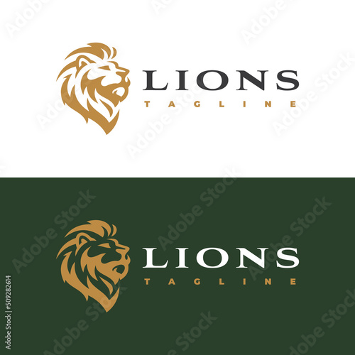 Lion head silhouette or line art logo illustration. Lion head with hair or mane vector icon