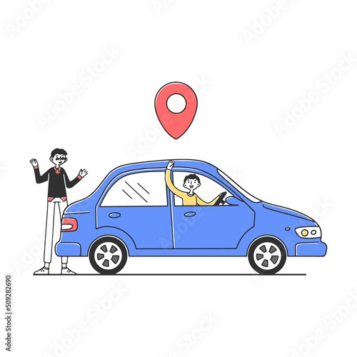 Car sharing service. People searching transport with map location pin, renting vehicle. Vector illustration for transfer, transportation, urban, technology