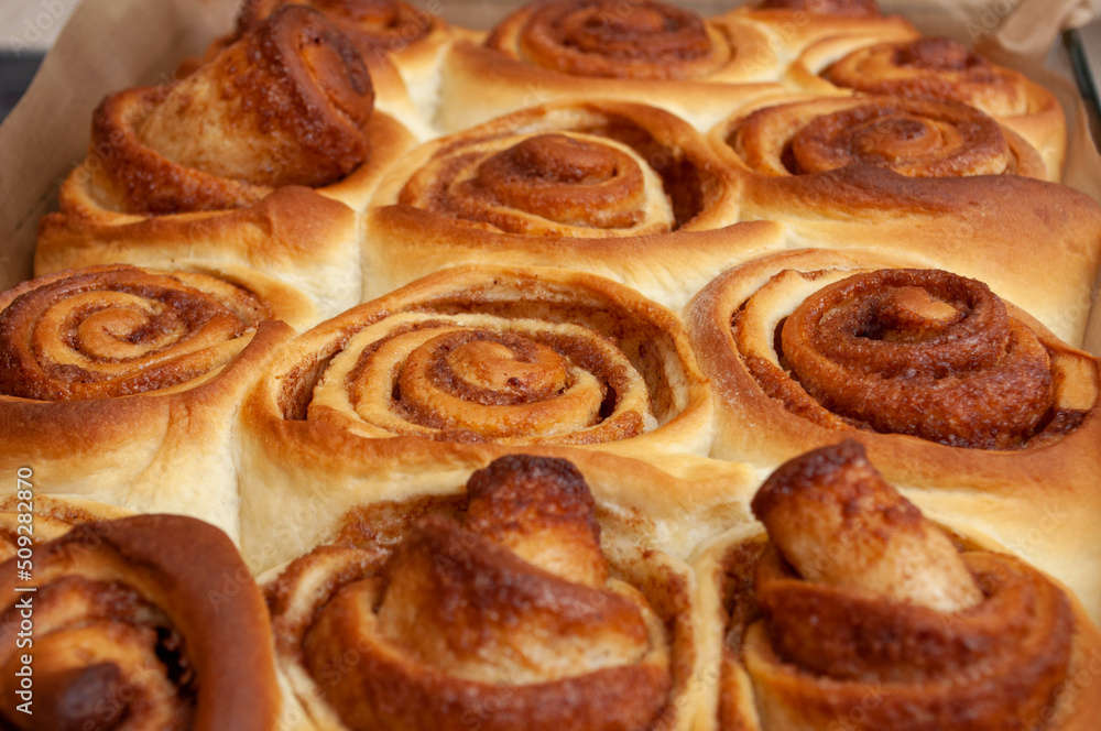 Freshly baked cinnamon rolls buns with cocoa and spices on wooden table and parchment paper. Close-up. Top view. Kanelbulle swedish pastry dessert. Christmas baking pastry.