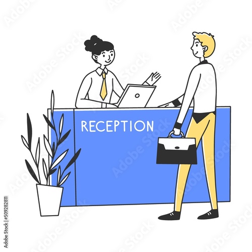 Manager providing services to customer vector illustration. Office reception worker giving advice to client. Bank worker consulting man. Banking