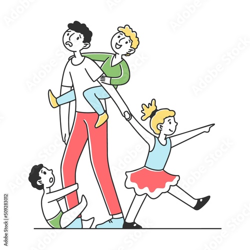 Tired dad with many children flat vector illustration. Father and mother exhausted under life routine. Kids playing up. Big family and lifestyle