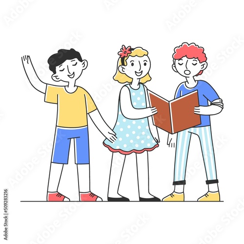 Kids choir singing cheerful song flat vector illustration. Group of children singing together in church. Activity and friendship concept