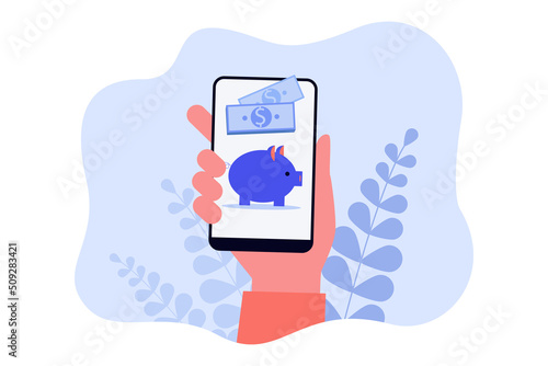 Hand cellphone with piggybank on screen. Person using online bank service flat vector illustration. Finances, banking, technology concept for banner, website design or landing web page