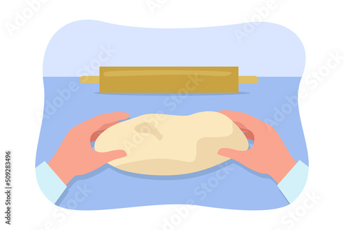 Human hands kneading dough flat vector illustration. Person making bread, pizza, pasta or pie. Homemade food, bakery, process, hobby, occupation concept for banner, website design or landing web page