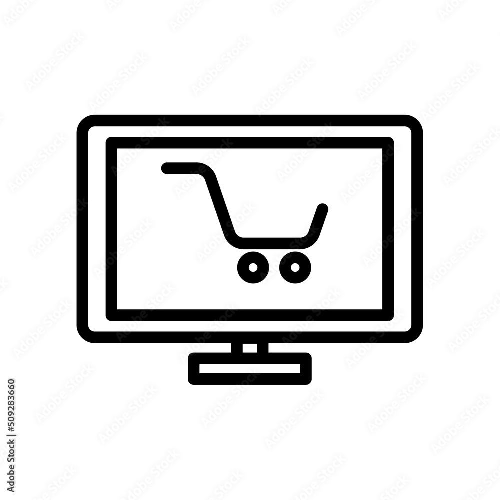 Laptop icon vector with shopping cart. suitable for online shop icon, online store, buy online. line icon style. Simple design illustration editable Laptop icon vector with shopping cart. suitable for online shop icon, online store, buy online. line icon style. Simple design illustration editable