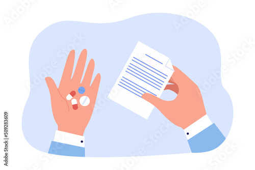 Pills and prescription in human hands flat vector illustration. Patient taking medication or vitamins. Medicine, healthcare, treatment concept for banner, website design or landing web page