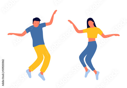 Man and woman dancing together in flat design ton white background. © Orapun