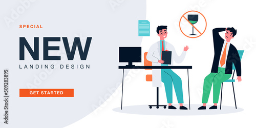 Doctor telling confused office worker to stop drinking. Man addicted to alcohol at medical appointment flat vector illustration. Alcohol, addiction, health, medicine concept for banner, website design