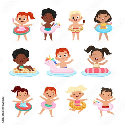 Children with inflatable rings flat vector illustrations set. Collection of drawings with happy cartoon boys and girls with rubber circles floating on water. Summer activities, vacation concept