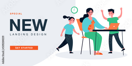 Distance work of busy young mother and playing kids. Woman sitting with cat at workplace, working with laptop flat vector illustration. Freelance concept for banner, website design or landing web page