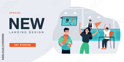 Fans watching hockey match on TV in interior of bar. Female supporter encouraging, holding flag flat vector illustration. Sport game, event concept for banner, website design or landing web page
