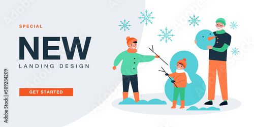 Happy mother, grandfather and child making snowman outdoor. People playing together in winter landscape flat vector illustration. Fun family time concept for banner, website design or landing web page