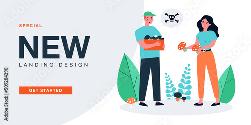 Cartoon couple picking mushrooms together in forest. Wife holding poisonous red fungi flat vector illustration. Food, danger, outdoor activity concept for banner, website design or landing web page