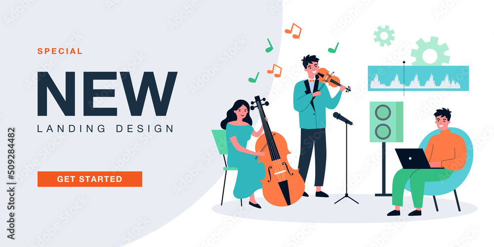 Musicians recording music with professional equipment. People playing violin and cello flat vector illustration. Audio record, production concept for banner, website design or landing web page Musicians recording music with professional equipment. People playing violin and cello flat vector illustration. Audio record, production concept for banner, website design or landing web page