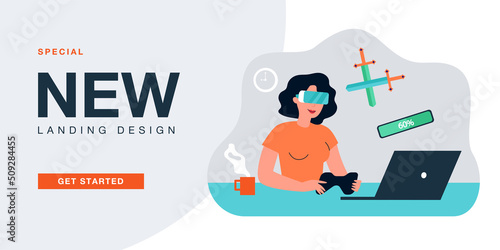 Gamer with VR glasses playing fight video game. Woman with headset sitting at table flat vector illustration. Virtual reality, entertainment concept for banner, website design or landing web page