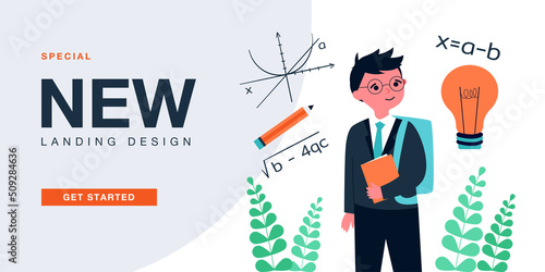 Funny intelligent schoolboy with glasses and math equations. Genius boy studying in school flat vector illustration. Mathematics, study, science concept for banner, website design or landing web page
