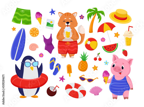 Cute comic animals with summer objects vector illustrations set. Pig, cat and penguin cartoon characters, tropical fruit stickers isolated on white background. Summer, beach party concept