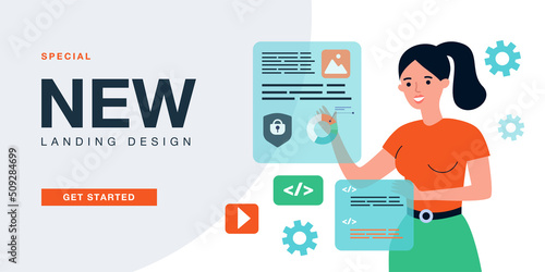 Female content creator analyzing statistics on website. Girl managing information online, content management flat vector illustration. Social media marketing concept for banner or landing web page
