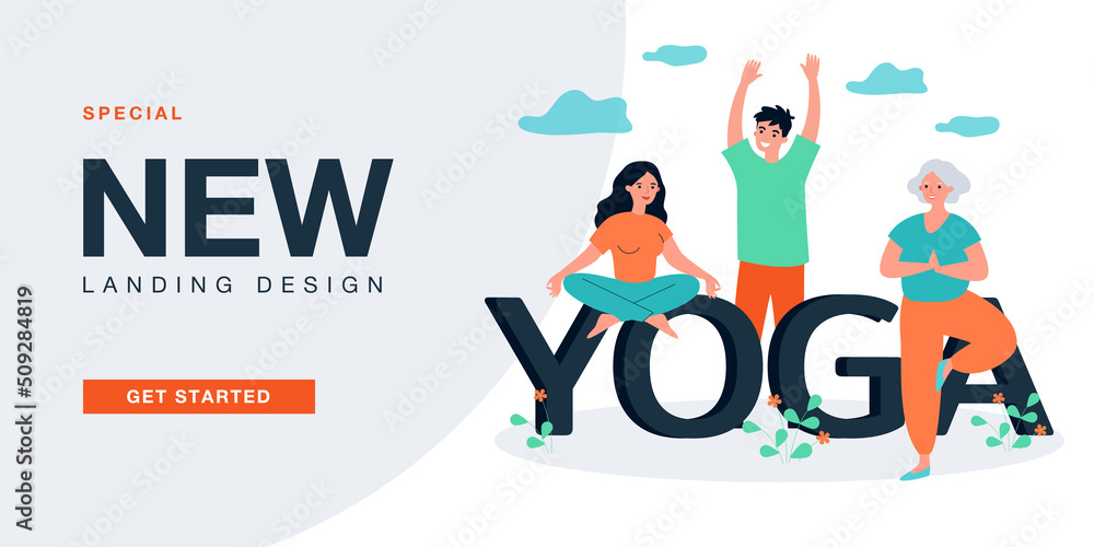 Family training asanas with yoga lettering. Healthy exercises of old and young people flat vector illustration. International yoga day, sport concept for banner, website design or landing web page