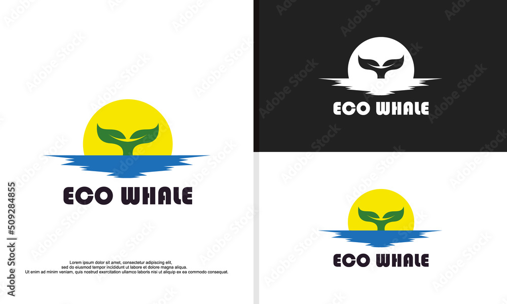 leaf combined with whale tail on sunset, logo design illustration